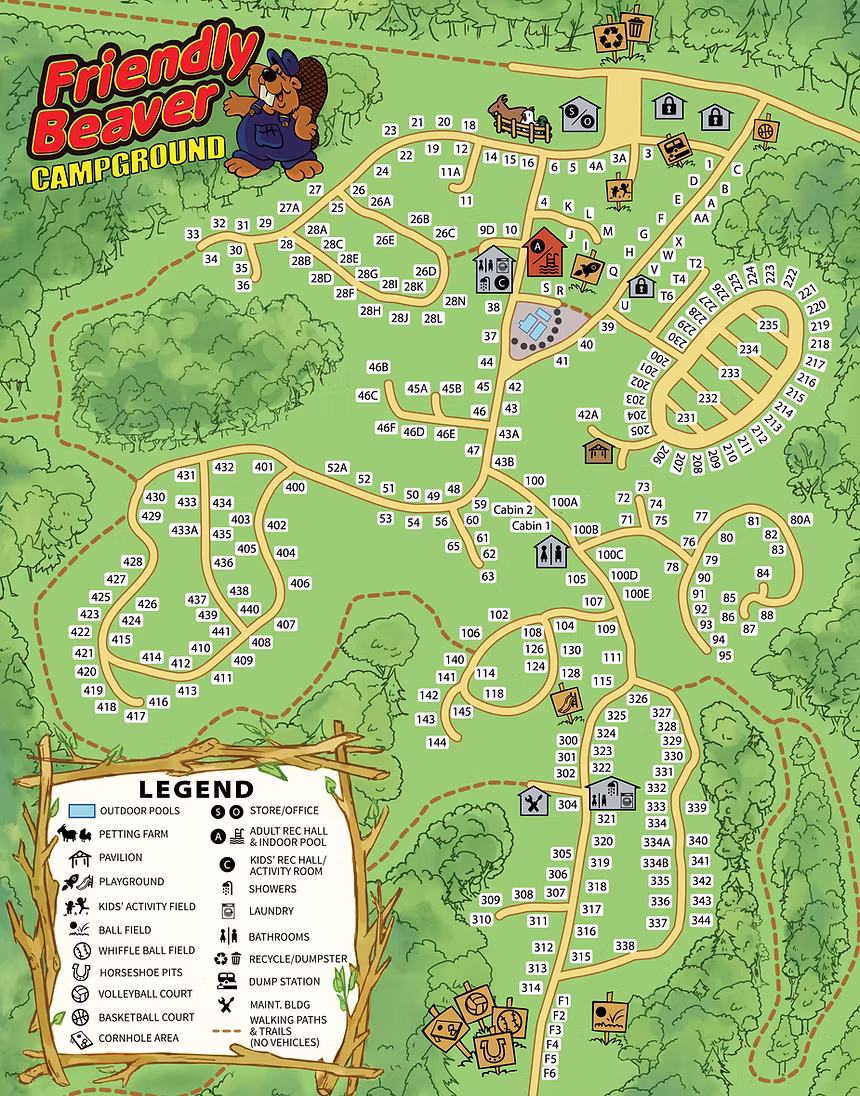 Friendly Beaver Campground Map of sites and facilities.